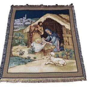 Vintage Nativity Scene Woven Tapestry Throw Blanket 50x56 with Fringe Cotton Wal